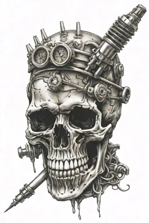 skull with spark plug in mouth tattoo design idea