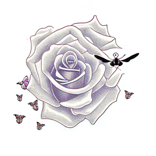 Rose with two butterflies flying above the rose tattoo design idea