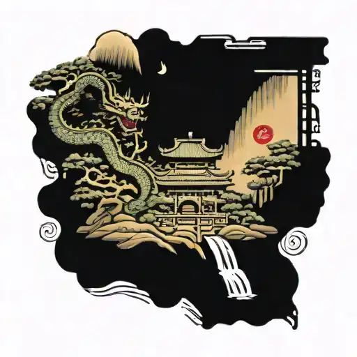 asian temple next a bridge going over a stream inside a frame of a chinese dragon biting its tail tattoo design idea
