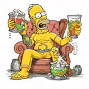 a Simpson chilling sitting on a sofa with empty bowl of good and glass of drink...a relaxing tattoo  tattoo design idea