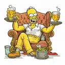 a Simpson chilling sitting on a sofa with empty bowl of good and glass of drink...a relaxing tattoo  tattoo design idea