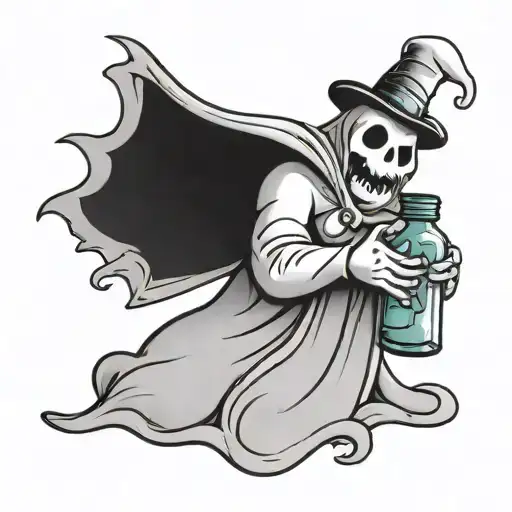 cartoon ghost holding bottle tattoo design idea