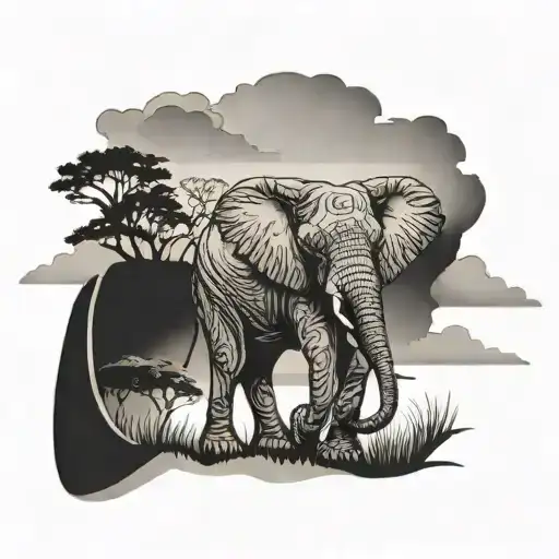 A majestic elephant roaming through a serene countryside landscape tattoo design idea