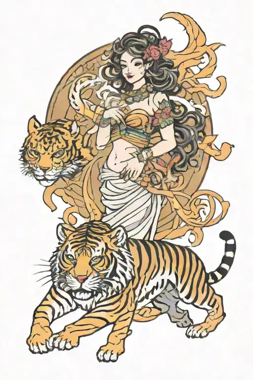goddess surrounded by dragons walking a tiger tattoo design idea