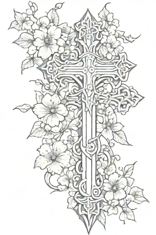A sketch of a cross intertwined with gothic style cherry blossom vines tattoo design idea