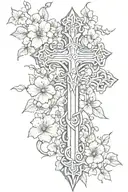 A sketch of a cross intertwined with gothic style cherry blossom vines tattoo design idea