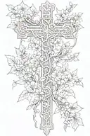 A sketch of a cross intertwined with gothic style cherry blossom vines tattoo design idea