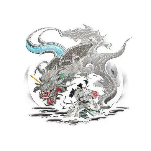 Japanese folklore scene featuring Zorro battling a mythical creature tattoo design idea