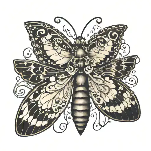 single insect where the right half is a butterfly and the left half is moth, for neck tattoo on throat tattoo design idea