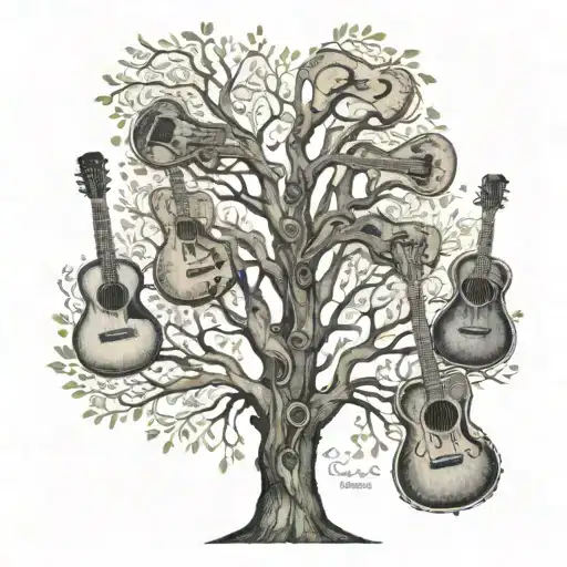 A family tree with branches made of guitar necks and bodies, each representing a member of the client's family, with watercolor accents tattoo design idea