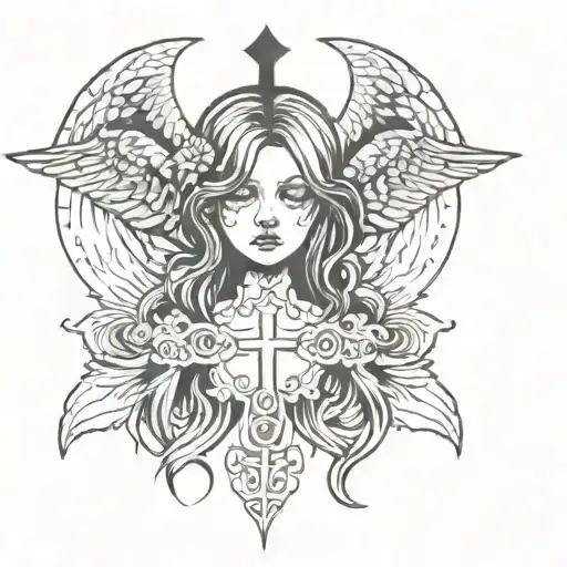 a dark tattoo with many small patterns with a cross and in the center the face of an angel girl The tattoo is feminine  tattoo design idea