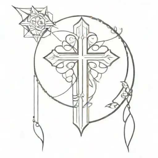  dark tattoo with many small patterns with a Gothic cross and in the center there are anime girls  The tattoo is feminin tattoo design idea