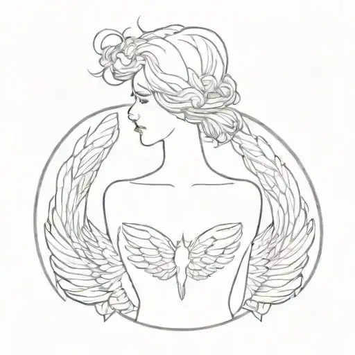  dark tattoo with angels in film style, also add mysterious patterns; the tattoo should be feminine tattoo design idea