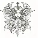  a dark tattoo with many small patterns with a cross and in the center the face of an angel girl The tattoo is feminine  tattoo design idea