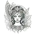  a dark tattoo with many small patterns with a cross and in the center the face of an angel girl The tattoo is feminine  tattoo design idea