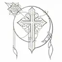  dark tattoo with many small patterns with a Gothic cross and in the center there are anime girls  The tattoo is feminin tattoo design idea