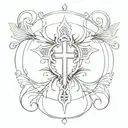  dark tattoo with many small patterns with a Gothic cross and in the center there are anime girls  The tattoo is feminin tattoo design idea