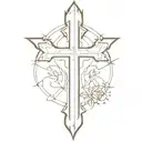  dark tattoo with many small patterns with a Gothic cross and in the center there are anime girls  The tattoo is feminin tattoo design idea