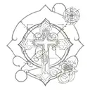  dark tattoo with many small patterns with a Gothic cross and in the center there are anime girls The tattoo is feminin  tattoo design idea