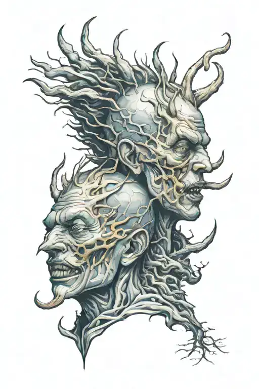 siamese twin head gore monster bad Side and good side  tattoo design idea