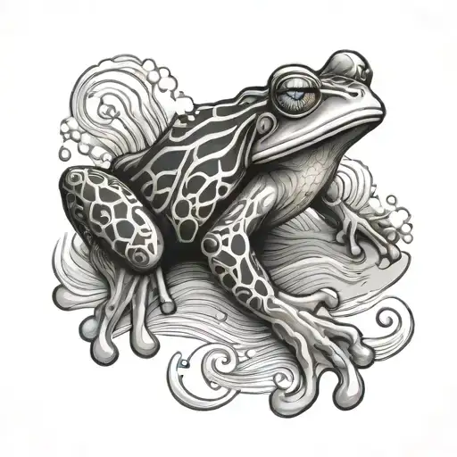 The frog is stylized with a pattern of ocean waves combined with clouds, clearly showing the light, dark, and intermedia tattoo design idea