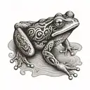 The frog is stylized with a pattern of ocean waves combined with clouds, clearly showing the light, dark, and intermedia tattoo design idea