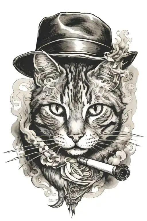 short hair cat smoking tattoo design idea
