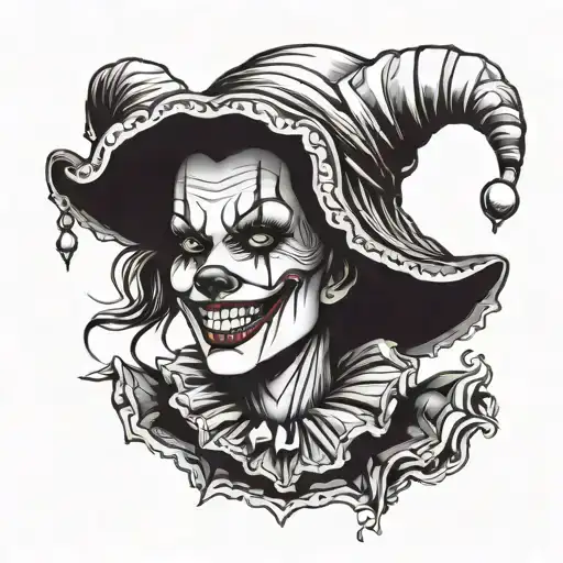 gothic clown woman from the front showing her teeth tattoo design idea