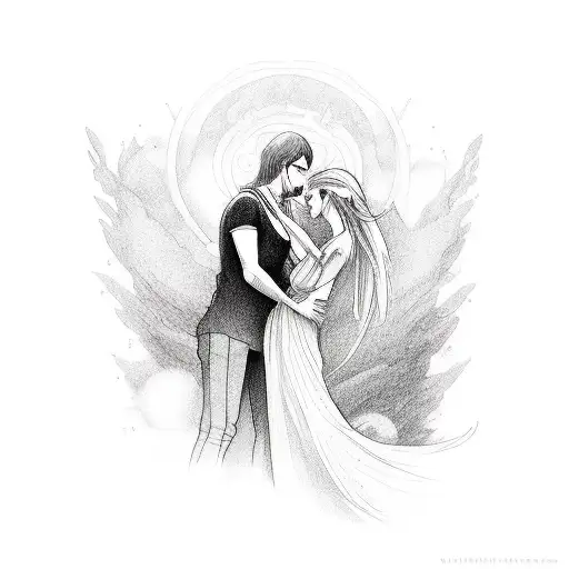 Homoerótico-inspired sketch tattoo portraying two ghostly lovers embracing in an ethereal setting tattoo design idea