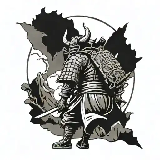 Backside of samurai with sword dragging walking towards temple mountains oni mask tattoo design idea