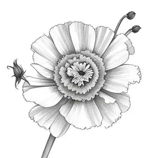 A carnation bouquet with a daisy, a rose, a daffodil, a hawthorne branch and a poppy tattoo design idea