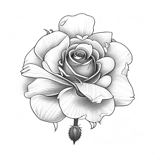 A rose bouquet with a daisy, a carnation, a daffodil, a hawthorne branch and a poppy tattoo design idea
