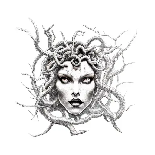 Black dark, medusa, statue, gothic, swords, morning star, thorns  tattoo design idea