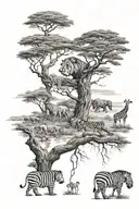 African safari, river, monkeys in tree, lion, zebra, elephant, giraffe  tattoo design idea