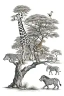 African safari, river, monkeys in tree, lion, zebra, elephant, giraffe  tattoo design idea
