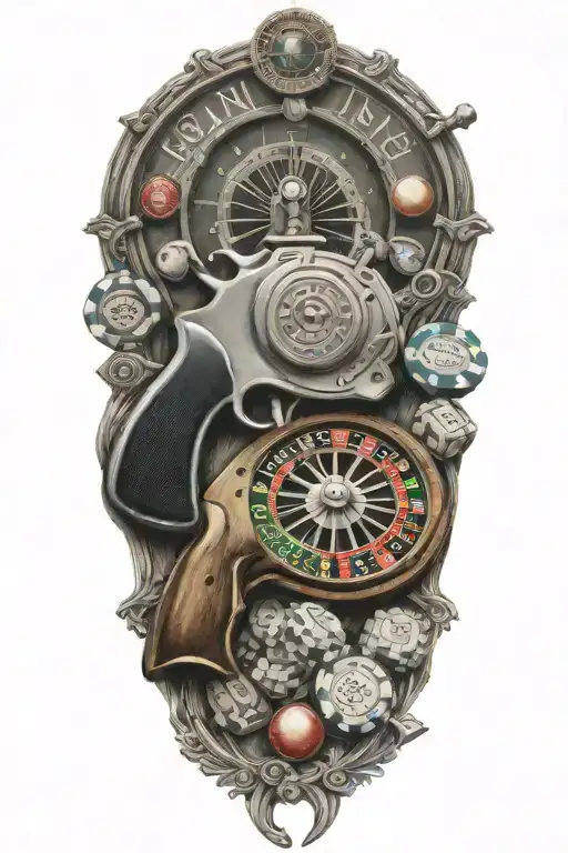life's a gamble with gun and roulette  tattoo design idea