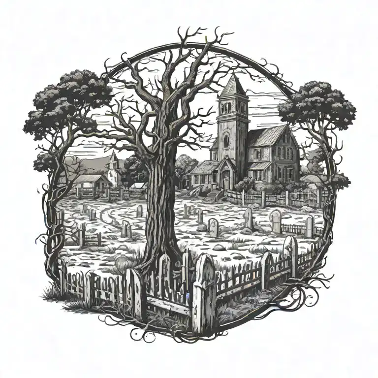 grave yard scene with fence tree and old church tattoo design idea
