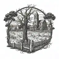 grave yard scene with fence tree and old church tattoo design idea