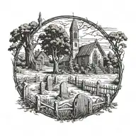 grave yard scene with fence tree and old church tattoo design idea