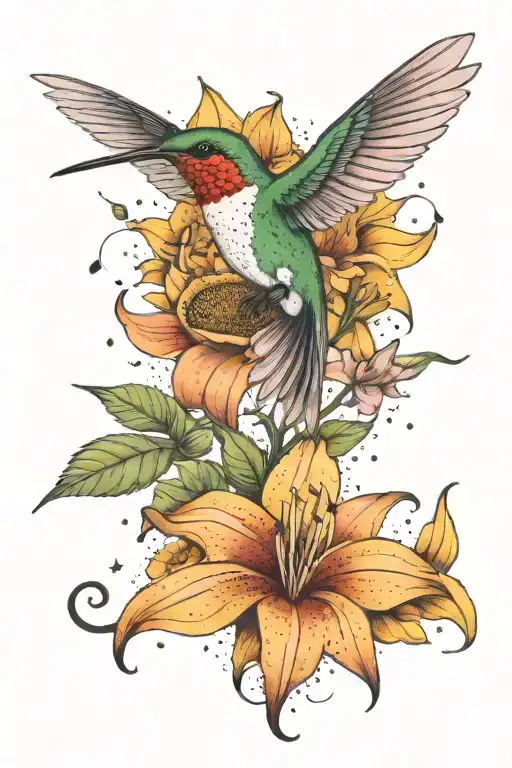 Stargazer Lily Sunflower Hummingbird surrounded by constellations tattoo design idea