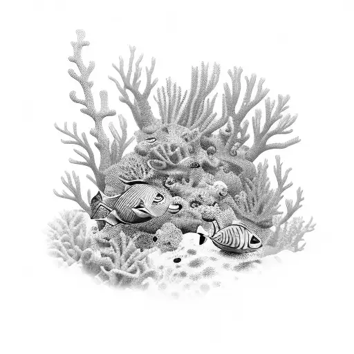 An intricate underwater scene with coral reefs and various sea creatures tattoo design idea
