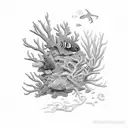 An intricate underwater scene with coral reefs and various sea creatures tattoo design idea