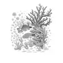 An intricate underwater scene with coral reefs and various sea creatures tattoo design idea