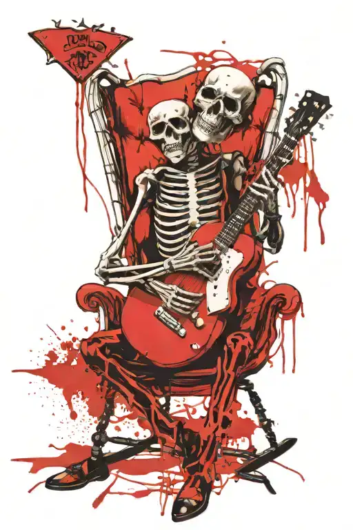 rockstar skeleton sitting in rocking chair playing guitar tattoo design idea