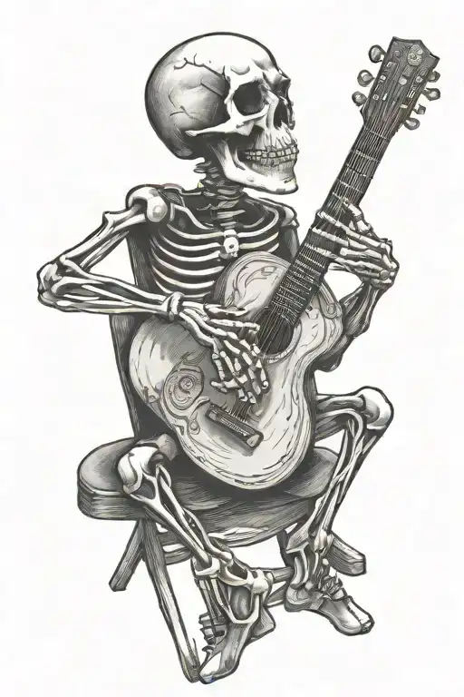rock and roll skeleton playing guitar sitting in a rocking chair tattoo design idea