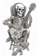 rock and roll skeleton playing guitar sitting in a rocking chair tattoo design idea