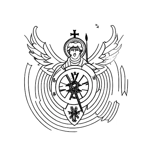 Saint Michael the Archangel with a halo made of interconnected business gears tattoo design idea
