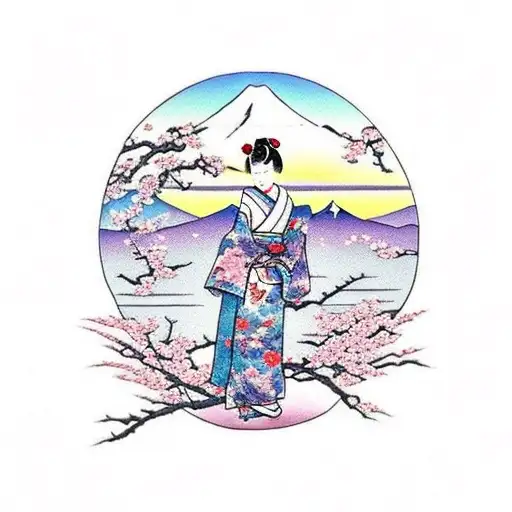 A traditional Japanese geisha with Mount Fuji and cherry blossom tree as a backdrop tattoo design idea