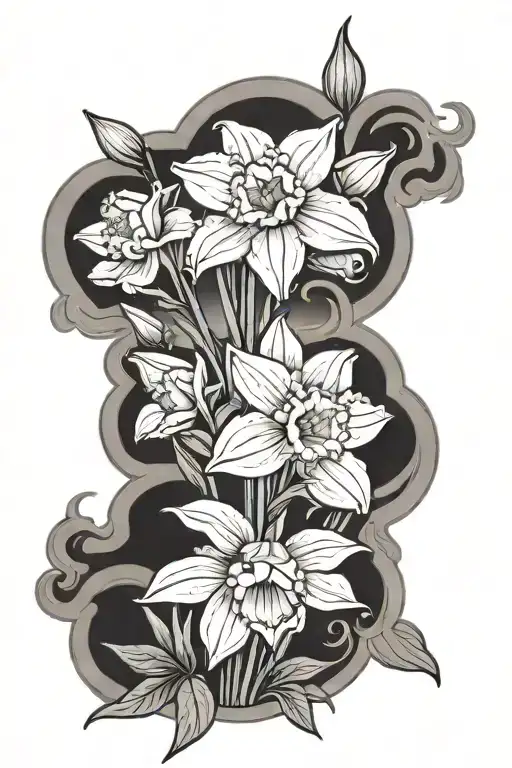 Hawaii landscape with daffodil flowers and fire tattoo design idea