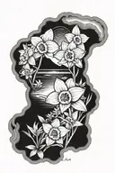 Hawaii landscape with daffodil flowers and fire tattoo design idea